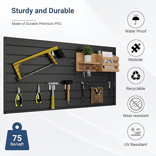 Slatwall Panel 4 FT x 2 FT, Interlocking Slat Wall Paneling, Wall Mounted PVC Wallpanel, Suitable for Garage Storage and Organizer, Slatwall Board, Shelves - Black