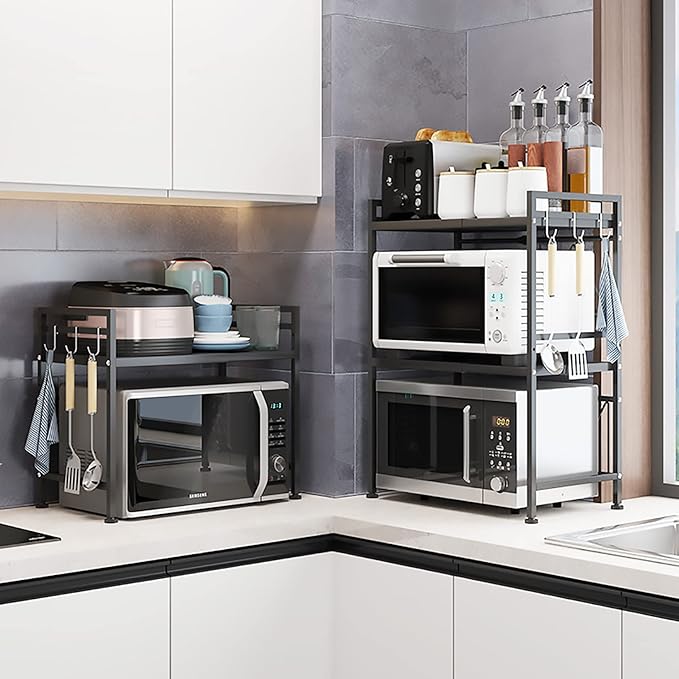 Microwave Storage Rack Microwave Oven Rack Kitchen Microwave Oven Rack Toaster Stand Kitchen Counter Shelf Expandable and Height Adjustable Steel Countertop Storage Shelf - Black/75Cm, 49.5Cm