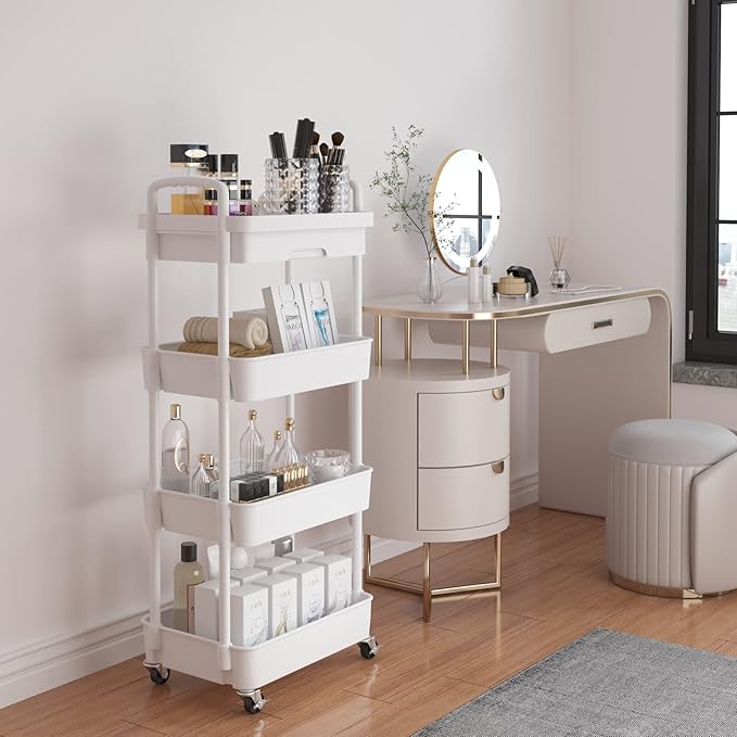 Calmootey 4-Tier Rolling Utility Cart with Drawer,Multifunctional Storage Organizer with Plastic Shelf & Metal Wheel,Storage Cart for Kitchen,Bathroom,Living Room,Office,White