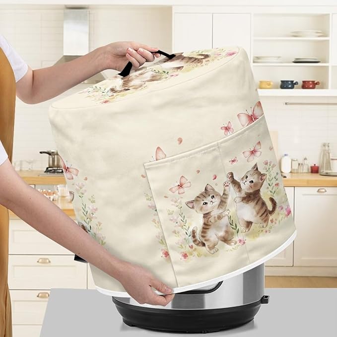 Xoenoiee Cute Cat Butterfly Floral Print Pressure Cooker Cover Kitchen Appliance Dust Cover with Pockets for Rice Cooker Air Fryer Slow Cooker, for 3 Qt Pot