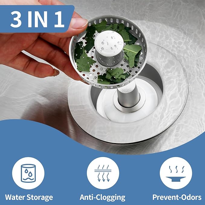Sink Drain Strainer,Stainless Steel 3-in-1 Pop-up Sink Stopper with Sealing Ring, Anti-Clog & Odor-Proof Drain Filter, Fits 3-1/2 Inch Sink Drain Holes, Easy Installation-2pc
