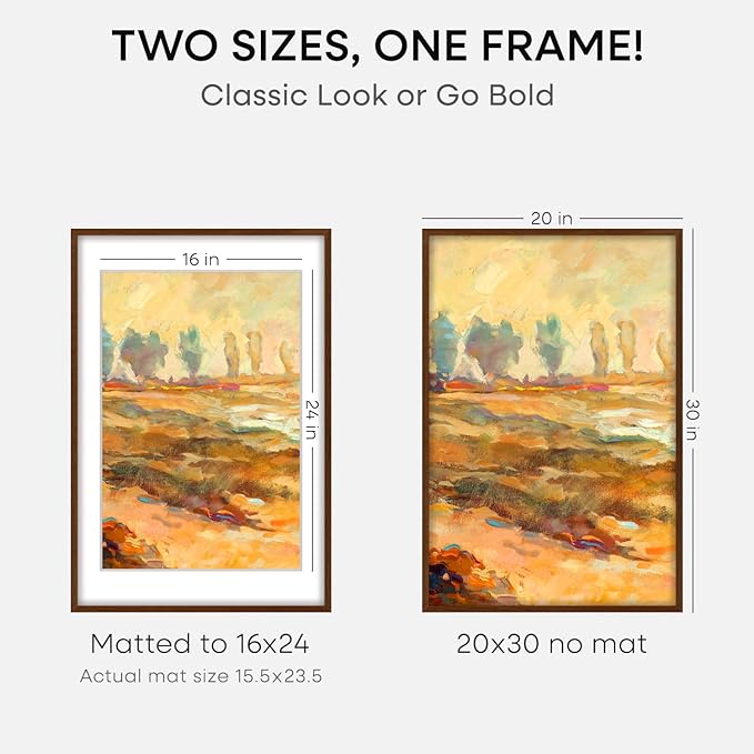 Homeforia 20 x 30 Walnut Frame, High End Dark Oak 20x30 Wooden Poster Frames with Mat 16x24, 20 x 30 Brown Wood Picture Frame Matted to 16 x 24, 30x20 Hanging Frame, Tempered Glass, Wall Kit, Set of 3