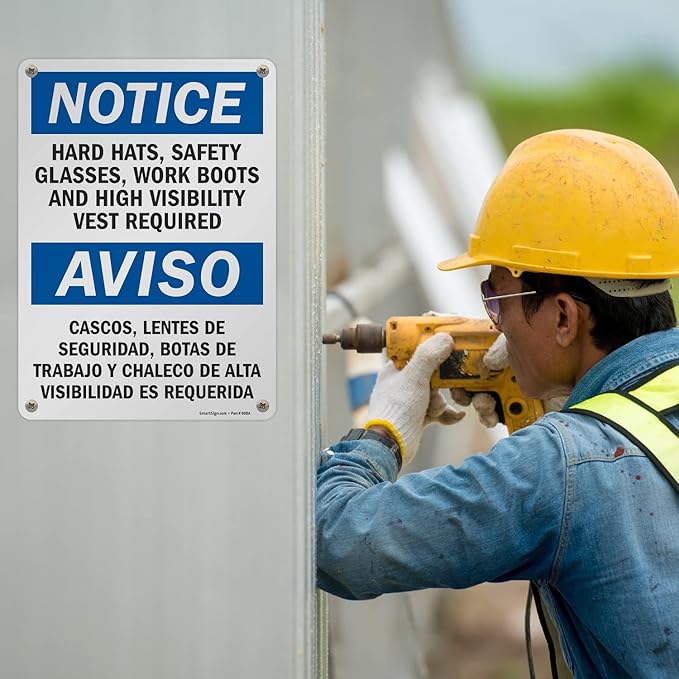 SmartSign - S-5992-AL-14 Notice - Hard Hats, Glasses, Boots, Vest Required Bilingual Sign By | 10" x 14" Aluminum