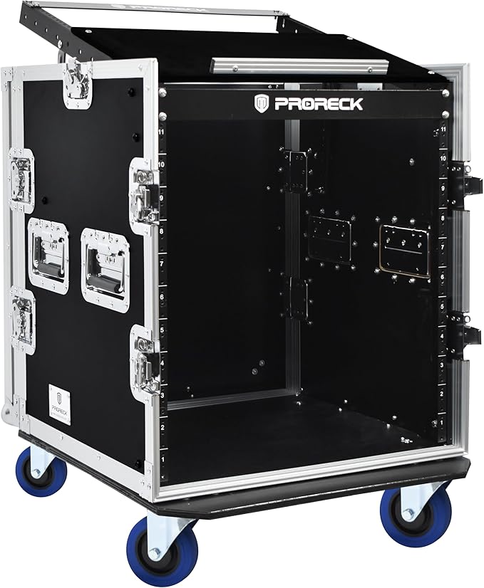 PRORECK 12U Rack/Road Case With Slant Mixer Top, And Casters, 20'' Rackable Depth, Plywood, 12U Installation Size, Pro Stage Performance