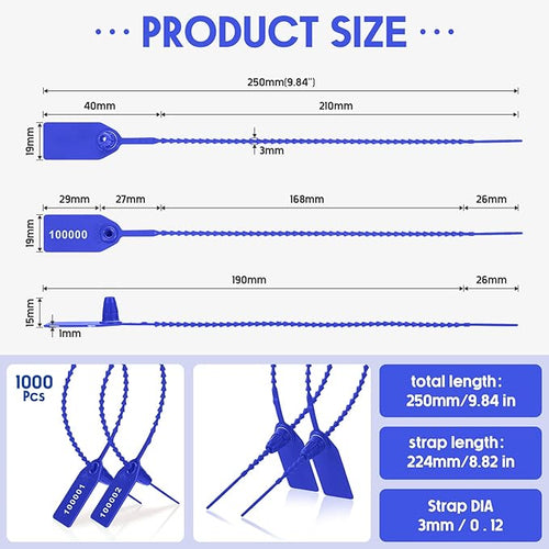 1000 Pcs Plastic Tamper Seals Fire Extinguisher Tags Security Tags Seals Safety Numbered Zip Ties Labels Safety Disposable Self Locking Signage 250 mm Length (Blue)