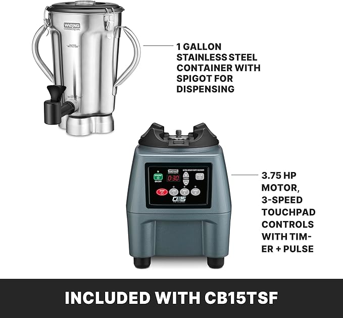 Waring 1-Gallon Blender, 3.75 HP, Timer, Stainless Steel Jar with Spigot & Handles, Commercial for Smoothies, Soups & Sauces – CB15TSF