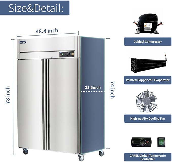ICECASA 48" W Commercial Refrigerator Reach-in 36 Cu.ft 2 Solid Door Stainless Steel Commercial Refrigerator Fan Cooling for Restuarant, Bar, Shop, etc