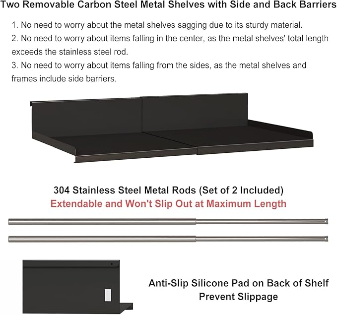 Expandable Under Cabinet Shelf Organizer with 0.94-Inch Thick Clips, Heavy Duty Extendable Under Shelf Storage Basket for Pantry or Laundry Room, Black, 2 Pack, Interior: 5.7" H x 7.2" D