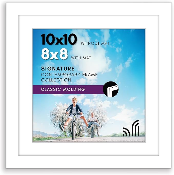 Americanflat 10x10 Picture Frame with Shatter-Resistant Glass - Use as 8x8 Frame with Mat or Display 10x10 Photo Without Mat - Signature Collection - Square Frames for Wall Display - White