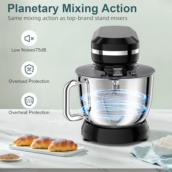 HOWORK Electric Stand Mixer,10+p Speeds Kitchen Mixer With 6.5QT Stainless Steel Bowl,Dough Hook, Wire Whip & Beater,for Most Home Cooks(Black)