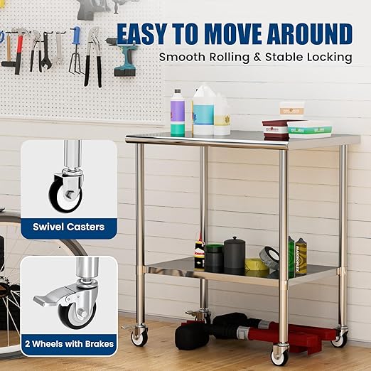 Stainless Steel Work Table with Wheels, 24x36 Inch NSF Kitchen Prep Table with Adjustable Undershelf for Commercial Restaurant, Garage, Outdoor BBQ