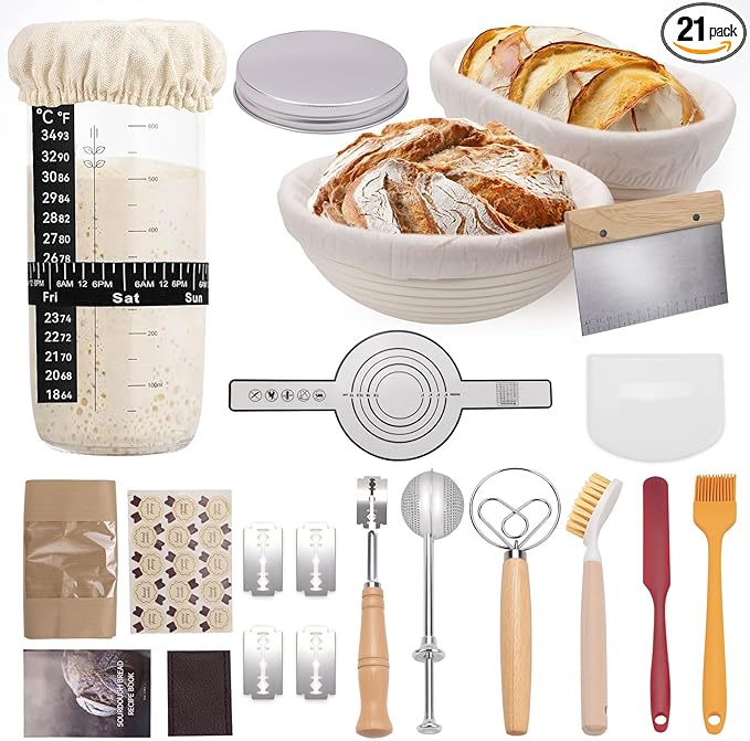 Sourdough Starter Kit-21 Piece Ultimate Bread Baking Supplies Set with Banneton Proofing Basket (9" Round & 10" Oval), Dough Jar, Bread Lame, Whisk & Tools, Complete Sourdough Kit for Beginners