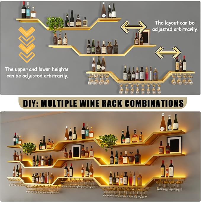 63in Modern LED Wine Rack Wall Mounted, 3-Tier Floating Bar Shelves with Wine Glass Rack, Large Hanging Liquor Shelf Wall Mounted, for Home Bar Dining Room Cafe Decorative (Gold, 63in/160cm)