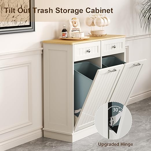 Tilt Out Trash Can Cabinet Dog Proof with Double Wood Hidden Holder, Kitchen Free Standing Recycling Cabinet（White）