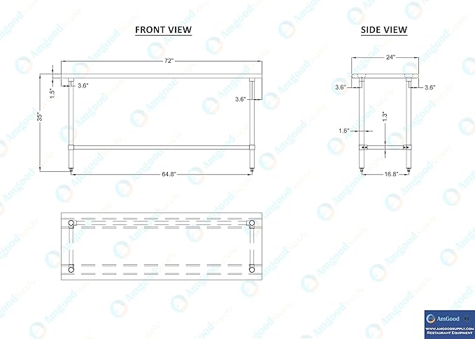 AmGood Stainless Steel Work Table Open Base | NSF Kitchen Island Food Prep | Laundry Garage Utility Bench (72" Long X 24" Deep)