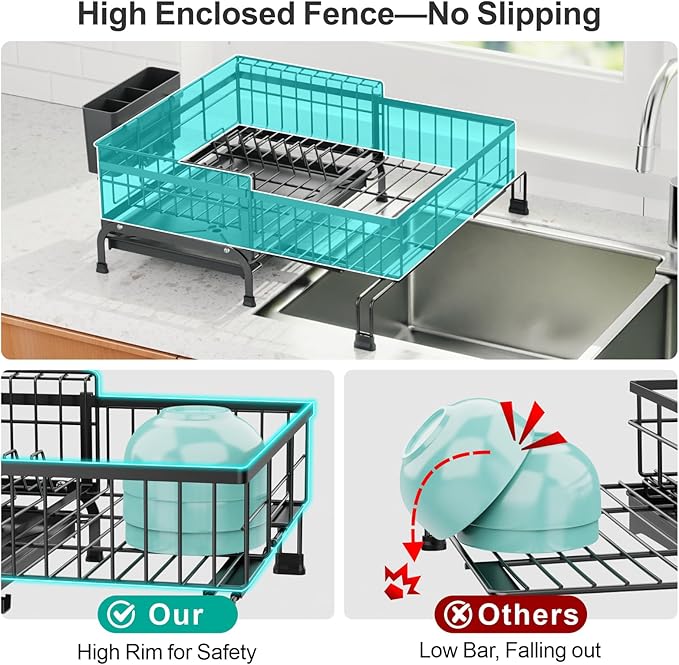 Swedecor Extendable Dish Drying Rack - Compact Dish Rack for Kitchen Counter, Over-The-Sink Dish Strainer with High Enclosed Fence, 360° Swivel Drain Spout, Rustproof, 10"–18.9" L × 15.6" W, Black