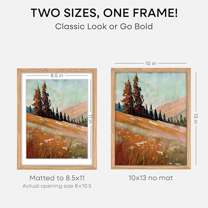 Homeforia 10x13 Picture Frame Wood, High End Natural Oak 10x13 Light Wooden Poster Frames with Mat 8.5x11, 10 x 13 Frame Matted to 8.5 x 11 Photo, 13x10 Thin Frames, Tempered Glass, Wall Kit, Set of 1