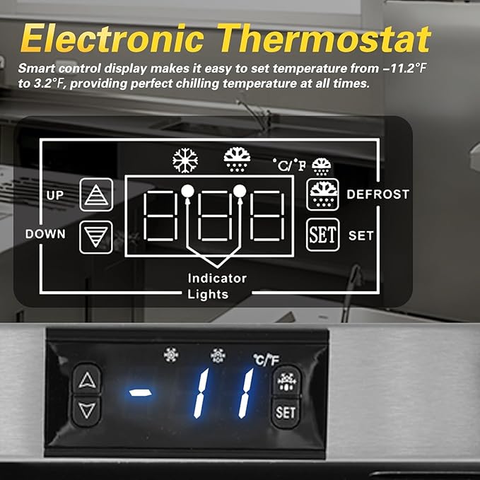 HCK Freezer, Undercounter Refrigerator with Stainless Steel Body, Electronic Temperature Control, Lockable Door, 3 Movable Baskets, Built Design for Home and Commercial Use,-11.2°F to 3.2℉, 4.1 Cu.ft.