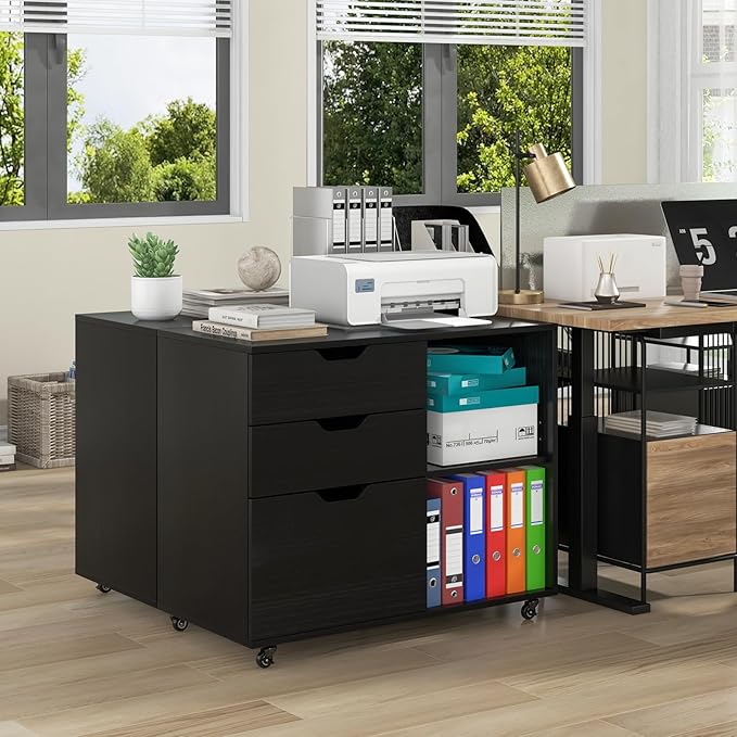 File Cabinet, Mobile Filing Cabinet w/Universal Wheels & 3 Drawers, Wood Printer Stand with Storage, Rolling File Cabinets for Home Office, Living Room, Bedroom (Black, 3 Drawers)
