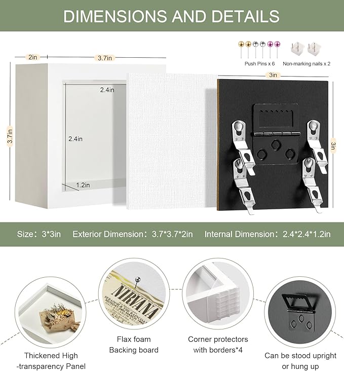 3x3 Mini Shadow Box Display Case Picture Frame with Soft Linen Back,Small Deep White Shadow Box 3x3 for Flowers Medal Display Case Jersey pet Graduation Memorabilia Baby Ltems Crafts Photos