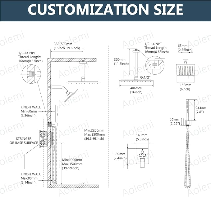 Aolemi Shower Faucet Set Ceiling Mount Shower System Rough-in Valve and Shower Trim Kit 2 in 1 Handheld Spray Push Button Diverter 16 and 6 Inch Dual Shower Head Brushed Gold