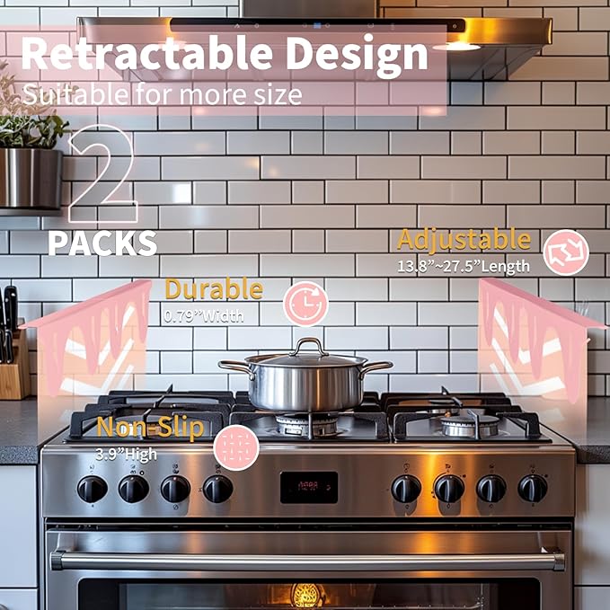 Stainless Steel Stove Gap Covers in Pink– 2 Pack Adjustable 13.8” to 27.5” Retractable Stove Gap Filler, Heat Resistant Guard for Range Top & Counter Gaps, Easy to Clean and Maintain