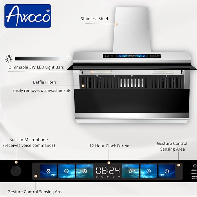 Awoco 36" Wall Mount Range Hood, Side-Draft Design, 4 Speeds Exhaust Fan with 800 CFM, Voice, Gesture, Touch & Remote Control, 6" Vent, Dimmable LED Light Bars, Adjustable Chimney up to 39"