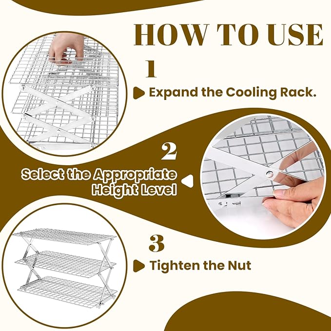 BEWOS 3 Tier Collapsible Cooling Rack - Adjustable Stainless Steel Baking Rack with Mesh Leak Proof，Foldable X-Shaped Structure Cooling Racks for Cooking and Baking, Dishwasher Safe