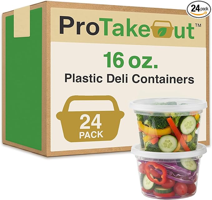 16oz [24 set] Heavy Duty Plastic Deli Container | BPA-Free Food Storage with Airtight Leak‑Proof Lids | Microwave, Freezer & Dishwasher Safe – Stackable, Bulk Reusable Soup & Meal Prep Tub