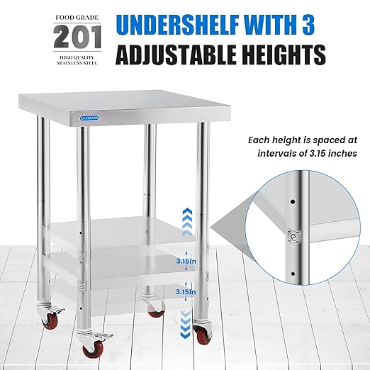 Stainless Steel Table for Prep & Work with 4 Caster Wheels with Undershelf 18 x 24 NSF Metal Commercial Kitchen Prep Table with Adjustable Under Shelf Worktable for Restaurant Home Outdoor