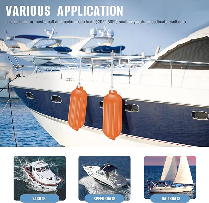 8.5 x 27 Inches Twin Eyes Ribbed Boat Fenders 4 Pack Boat Fenders Bumpers with Lines and Pump to Inflate for Docking