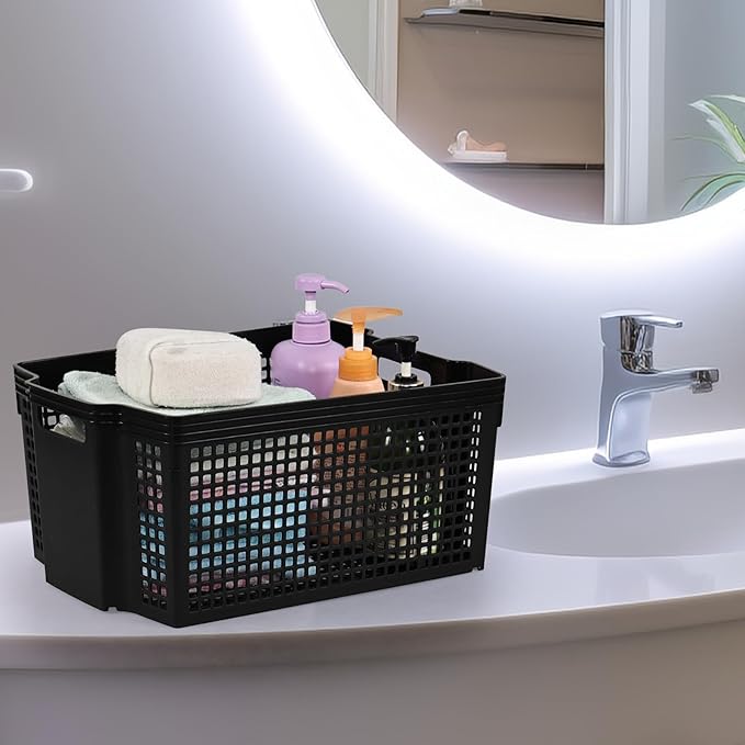 6-Pack Plastic Stackable Baskets, Stacking Plastic Storage Basket, Black
