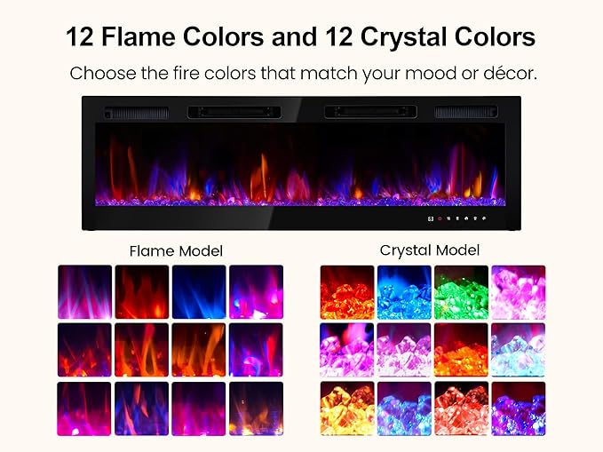 70" Electric Fireplace Realsmart Wall Mounted and Recessed 1500W Fireplaces Heaters with Remote Control Slim Black Wall Fireplace Adjustable 12 Flame Colors&5 Brightness Cool Touch Screen Timer