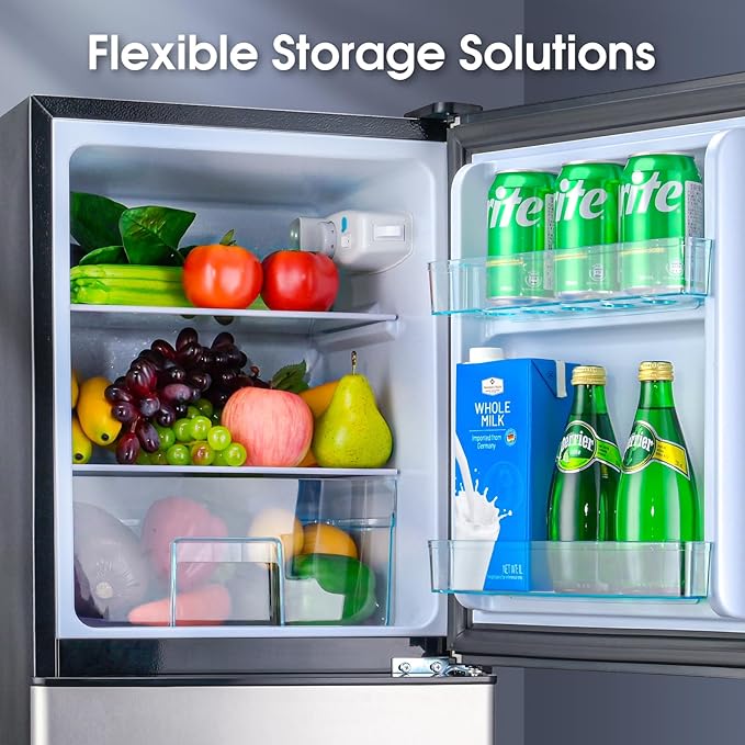 4.0 Cu.Ft Fridge with Bottom Freezer, Double Door Refrigerator with Drawer, 7 Level Temperatures, Adjustable Shelves for Bedroom, Dorm, Office, Apartment, Silver