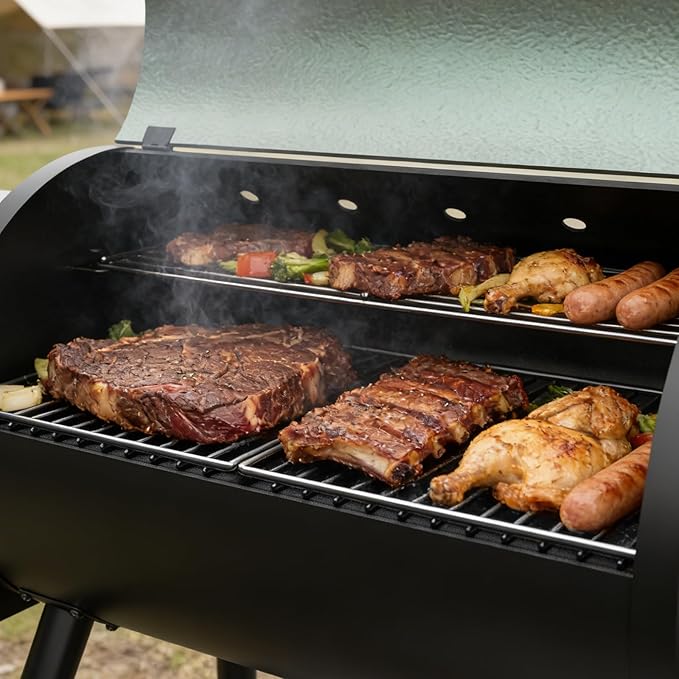 Electric Pellet Smoker Grill Combo 8 In 1 Wood Grill Smoker 565 Sq.In Cooking Area with Meat Probe & Side Table with Hooks PID Controller, Auto Temperature Control 500°F Max