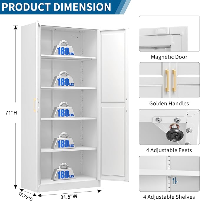 71" Kitchen Pantry Storage Cabinet,White Tall Storage Cabinet With Doors and 4 Shelves,Metal Food Pantry Cabinets for Kitchen Storage,Freestanding Cupboard for Dining Living Room,Assemble Required
