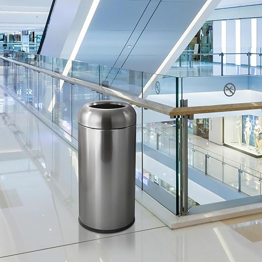 WICHEMI 16 Gallon Commercial Large Trash Can, Bullet Outdoor Trash Bin with Open Top Lid, Brushed Stainless Steel Garbage Can, Dark Silver