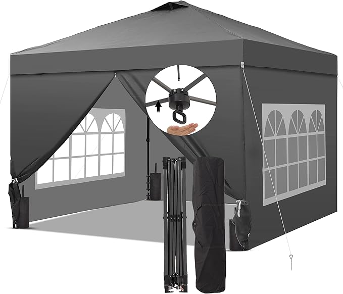 Saemoza 10x10 Pop Up Canopy Tent with One Push Setup, Portable Sun Shade Tent, Instant Easy Up Canopy with 4-Sidewalls & Handbag, Outdoor Fldable Gazebo with Vent Top, Grey.