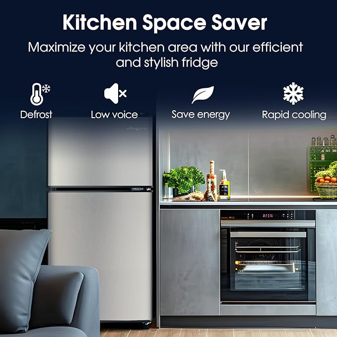 3.2 Cu.Ft Fridge with Freezer with 2 Doors, Refrigerator with 7 Level Temperatures, LED Light, Adjustable Shelves, Food Storage Cooling Drink for Bedroom, Office, Dorm, Apartment, Silver