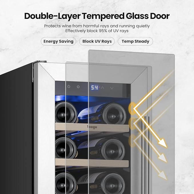 Yeego 12 Inch Wine Fridge Cooler - 23 Bottles Wine Cooler with Glass Door, 40-65℉ Built-In or Freestanding Refrigerator, Under Counter Wine Fridge for Kitchen Bar Office (Left-Hinged)