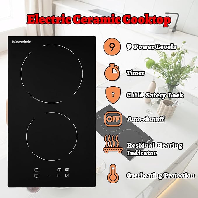 2 burner Electric Cooktop, 12 Inch Built-in Electric Stove Top 3000W, Ceramic cooktop with two Burners 220-240V(No Plug), Child Lock, Timer, 9 Heating Levels, Sensor Touch Control