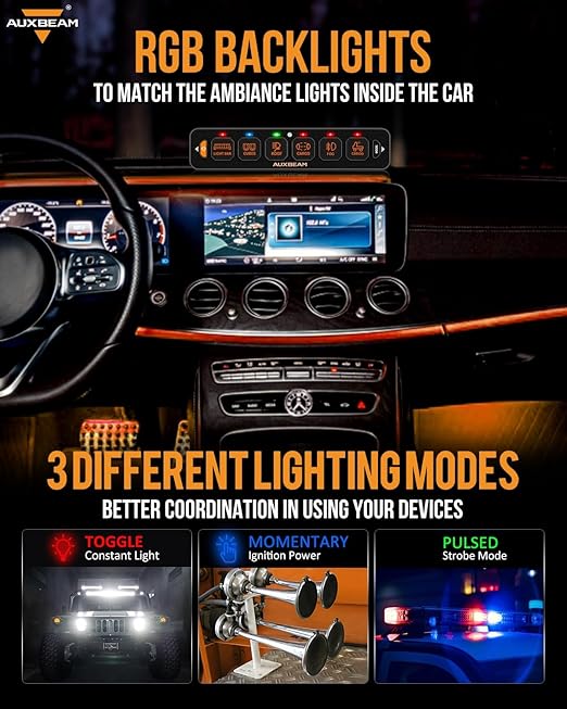 Auxbeam 6 Gang Slim Switch Panel RGB AS-R60 Automatic Dimmable Switch Panel with Toggle Momentary Pulsed Off Backlight Unique Patented Design Control Panel for Truck Offroad Boat, 2-Year Warranty