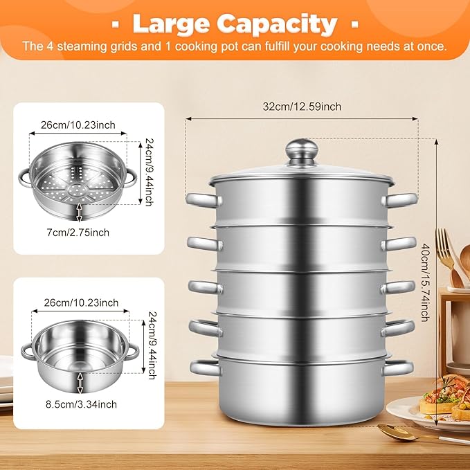 Steamer 26cm/10.24in, 5-tier Stainless Steel Steam Cooker w/Clear Glass Lid & Handles, Home Round Stackable Multipurpose Steam Pot for All Stoves, 12.59 * 15.74in (1xBottom Pot, 4xSteaming Baskets)