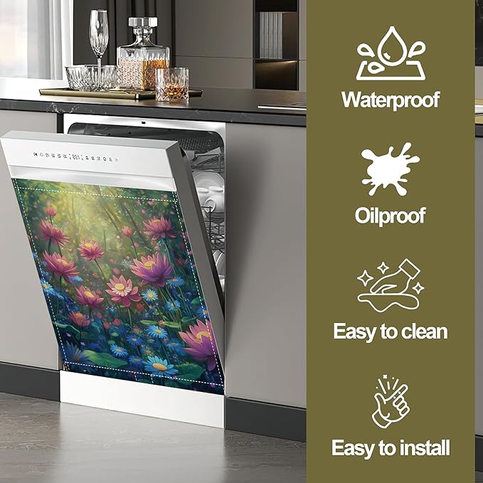 Fantasy Garden Dishwasher Magnet Cover,Colorful Flowers Kitchen Decor Waterproof Refrigerator Magnet Appliance Cover Protector,23Wx26H Inches
