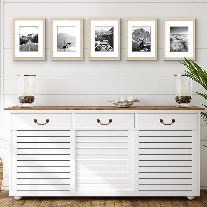 Americanflat 9x12 Picture Frame with Polished Plexiglass - Set of 5 - Use as 6x8 Frame with Mat or Display 9x12 Photo Without Mat - Galleria Collection - Picture Frames for Wall Display - Natural Oak