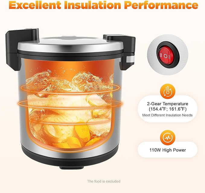 6-Gal Electric Rice Warmer | Two Temperature Settings | 110V 110W Commercial Food Warmer with Flip Lid & Rice Spoon for Parties, Festival Banquets, Catering (Stainless Steel/American plug 110V)