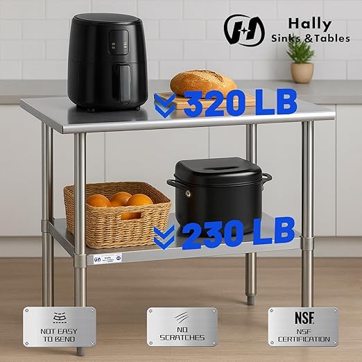 Hally Stainless Steel Table for Prep & Work 30 x 15 Inches, NSF Commercial Heavy Duty Table with Undershelf and Galvanized Legs for Restaurant, Home and Hotel