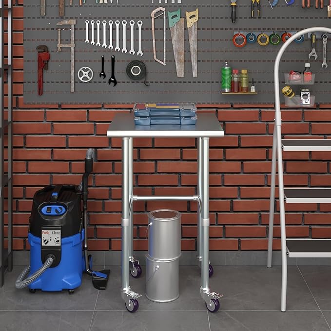 Stainless Steel Work Table Open Base & Wheels | Work Station | Metal Work Bench (Stainless Steel Work Table Open Base + Casters) (24" Long x 24" Deep)