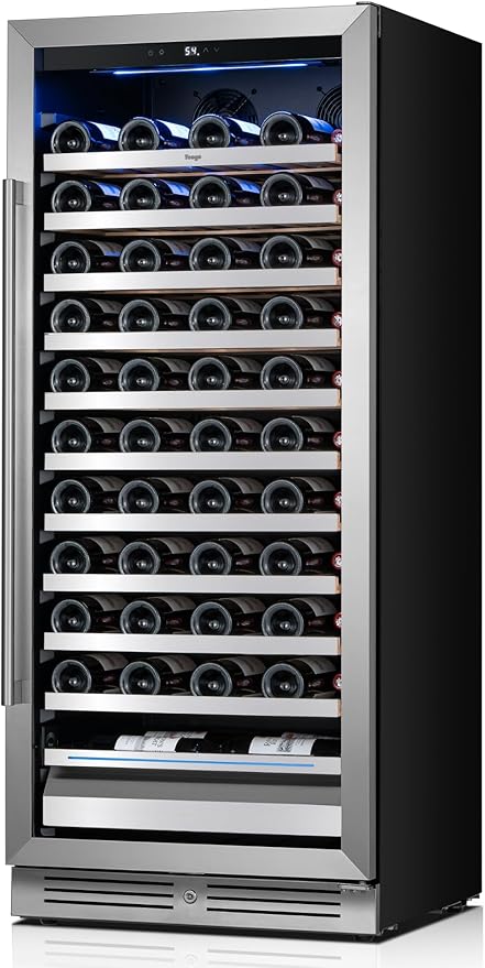 Yeego 24 Inch Wine Fridge – 40°F-65°F Wine Cooler Refrigerator, 304 Stainless Steel Glass Door Lock, Temperature Memory Blue & White LED Built-in Wine Fridge with Adjustable Shelves (89 Bottle)
