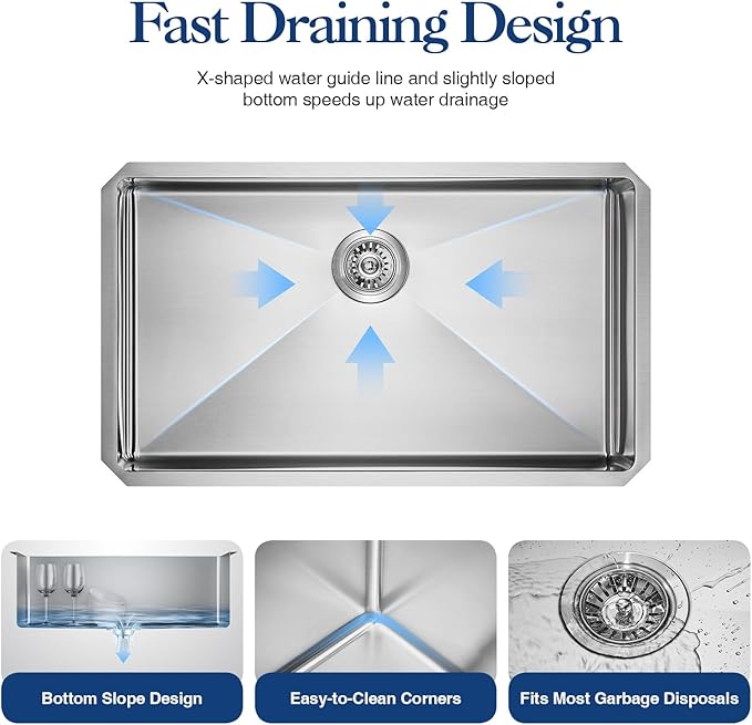 32 inch Kitchen Sink Undermount Stainless Steel Workstation 32x19x10 inch 16 Gauge Under Counter Kitchen Sinks Basin with Accessories Single Bowl Kitchen Sink